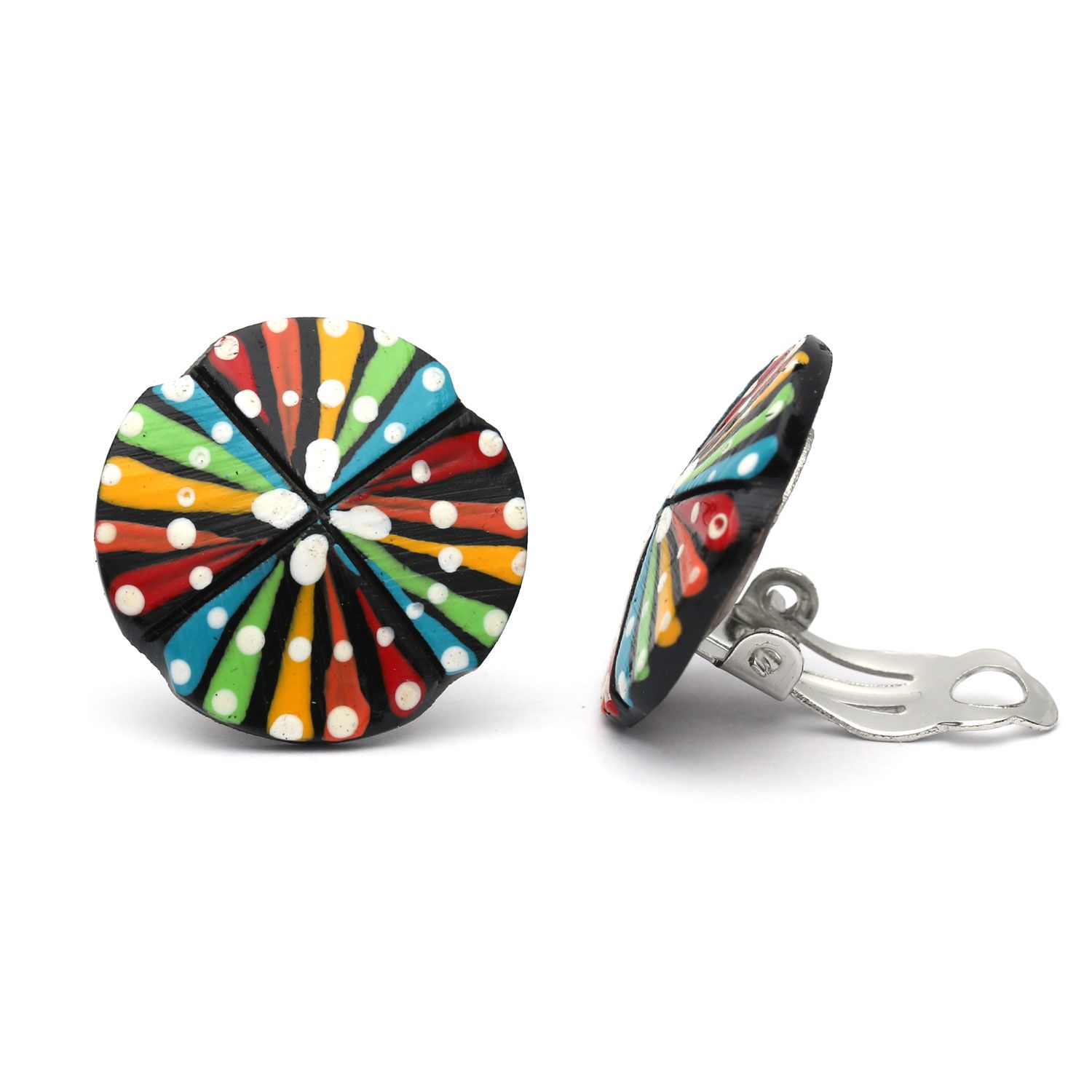 Coconut Earrings with colourful stripy painted pattern