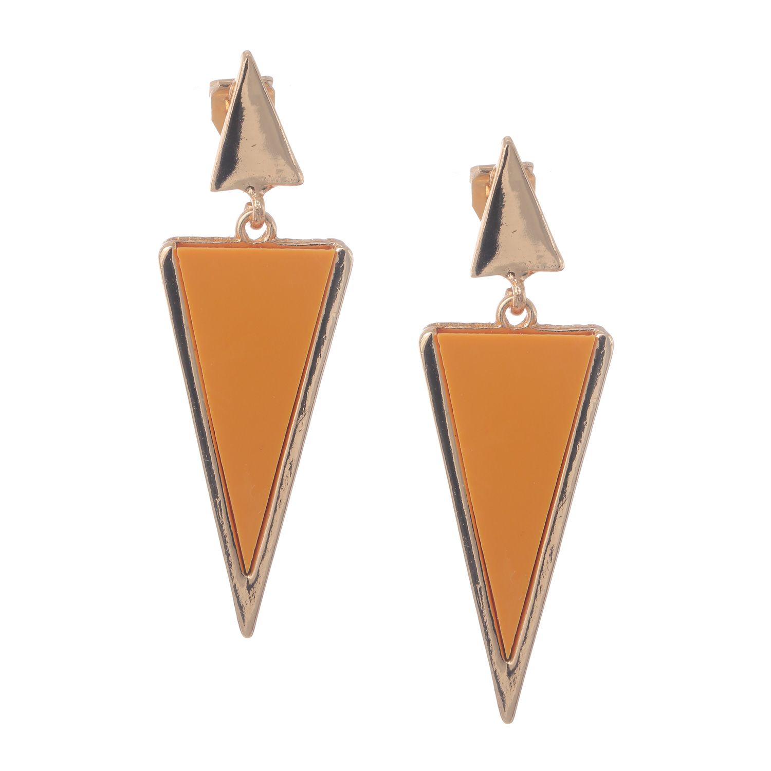 Fashionable elongated orange triangle drop clip on earrings