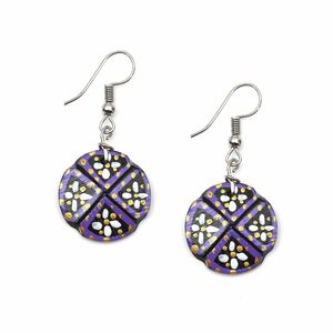 Round coconut drop earrings with white handpainted pattern