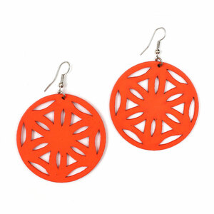 Orange Wooden Disc Earrings with wheel design