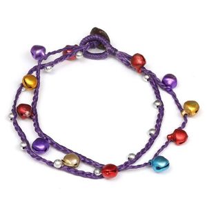 Handmade double-strand multicoloured bell and silver-tone bead purple wax cord anklet