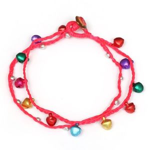 Handmade double-strand multicoloured bell and silver-tone bead pink wax cord anklet