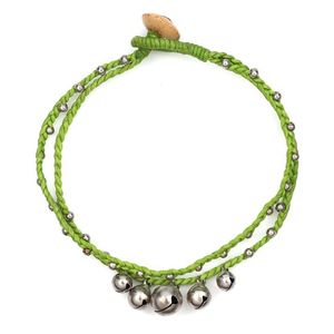 Handmade Silver-tone Beads & Bells Double-strand Green Wax Cord Anklet