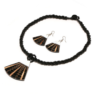 Handmade necklace & earrings set, black bead necklace with white inlaid shell and natural shell pattern fan shaped pendant and earrings