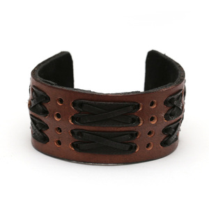 Brown organic leather cuff bracelet with cross pattern