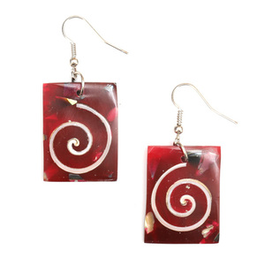 Red rectangular drop earrings with white spiral design