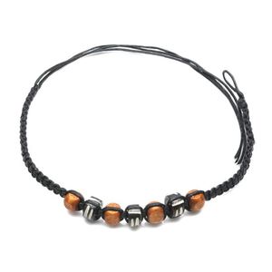 Handmade brown wooden beads with black braided adjustable wax cord bracelet 