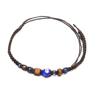 Handmade blue and wooden bead braided adjustable wax cord bracelet 
