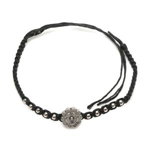 Handmade flower charm with silver-tone beads braided adjustable wax cord bracelet 