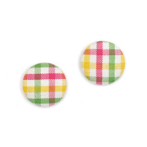 Pink yellow green tartan fabric covered button clip-on earrings