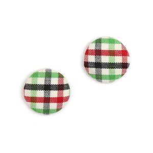 Red black green tartan fabric covered button clip-on earrings
