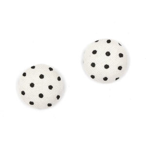 White and black polka dots fabric covered button clip-on earrings