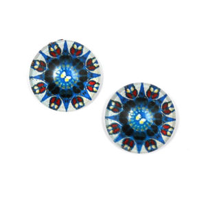 Blue and white geometric flower printed glass round button clip-on earrings