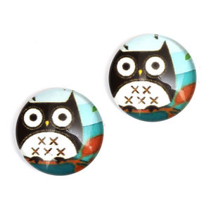 Black owl printed glass round button with gold-tone clip earrings