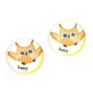 Happy owl printed glass round button with gold-tone clip earrings