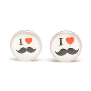 White round button with I Love Moustache print glass clip on earrings