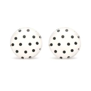 Black and White Polka Dot Glass Print Button Clip on Earrings
