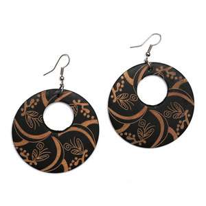 Black flower and crescent engraved round wooden dangle earrings