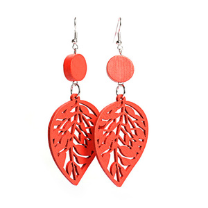Red cut out design leaf wooden drop earrings