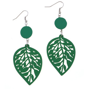 Green cut out design leaf wooden drop earrings