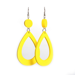 Yellow open oval wooden drop earrings
