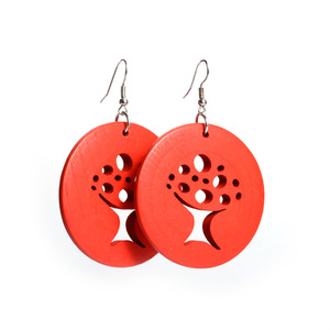 Red Tree of Life cut out design wooden hoop drop earrings