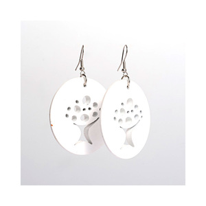 White Tree of Life cut out design wooden hoop drop earrings