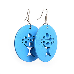 Blue Tree of Life cut out design wooden hoop drop earrings