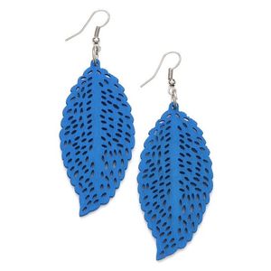 Blue Filigree Leaf Cut Out Design Wooden Drop Earrings