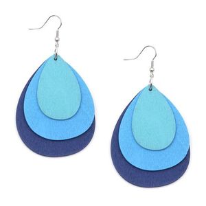 Blue Wooden Layered Teardrop Dangle Earrings