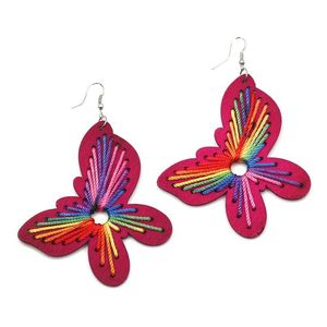 Fuchsia Wooden Butterfly with Rainbow Thread Drop Earrings