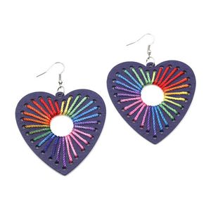 Indigo Wooden Heart with Rainbow Thread Drop Earrings