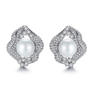 White Gold Plated Simulated Round Pearl with Cubic Zirconia Crystal Pave Set Flower Stud Earrings