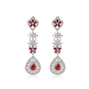 White Gold Plated Red and Clear Cubic Zirconia Crystal Flower and Teardrop Chandelier Stud Earrings
