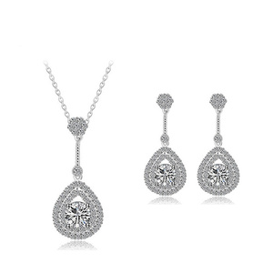 White Gold Plated Solitaire Cubic Zirconia with Teardrop Crystal Pave Stud Drop Earrings and Pendant Necklace Jewellery Set