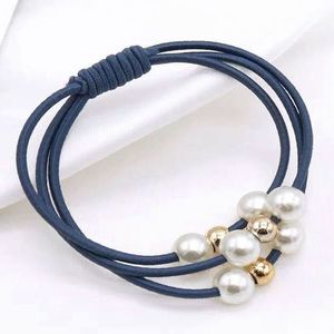 Blue 3-Strand with Gold Tone Beads and Faux Pearls Hair Bobble