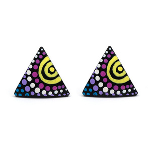 Hand painted vibrant dots coconut shell triangle stud earrings with plastic posts