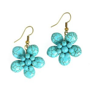 Handmade Turquoise Stone Flower with Bead Drop Earrings