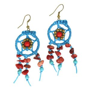 Handmade Blue Dream Catcher with Red Stones Drop Earrings