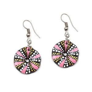 Pink Petals With Golden and White Dots Coconut Shell Drop Earrings