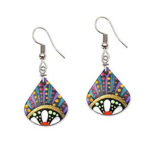 White Flower with Colourful Dots Coconut Shell Teardrop Earrings