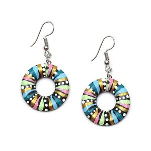 Multicoloured Rays Coconut Shell Hoop Drop Earrings