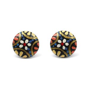 Multicoloured Flowers Wooden Button Stud Earrings with Plastic Posts