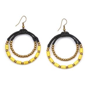 Double Wax Cord Hoop with Yellow and Golden Beads Drop Earrings