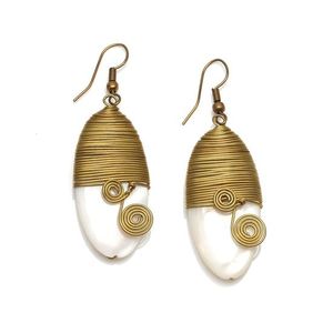 White Oval Mother Of Pearl with Gold Tone Spiral Drop Earrings