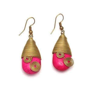 Pink Howlite Teardrop With Gold Tone Spiral Drop Earrings