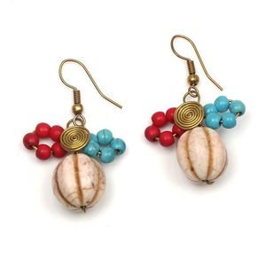 Red and Turquoise With White Round Bead Spiral Drop Earrings