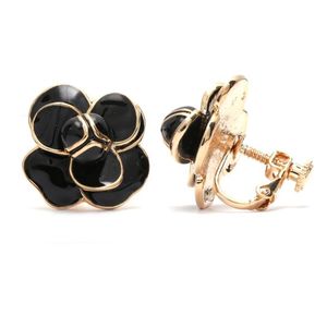 Black Enamel Flower Gold-Tone Screw Back Clip-on Earrings