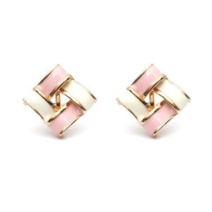 White and Pink Enamel Square Weave Gold-Tone Clip-on Earrings
