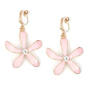Pink Enamel Flower with Crystal Gold-Tone Clip-on Earrings